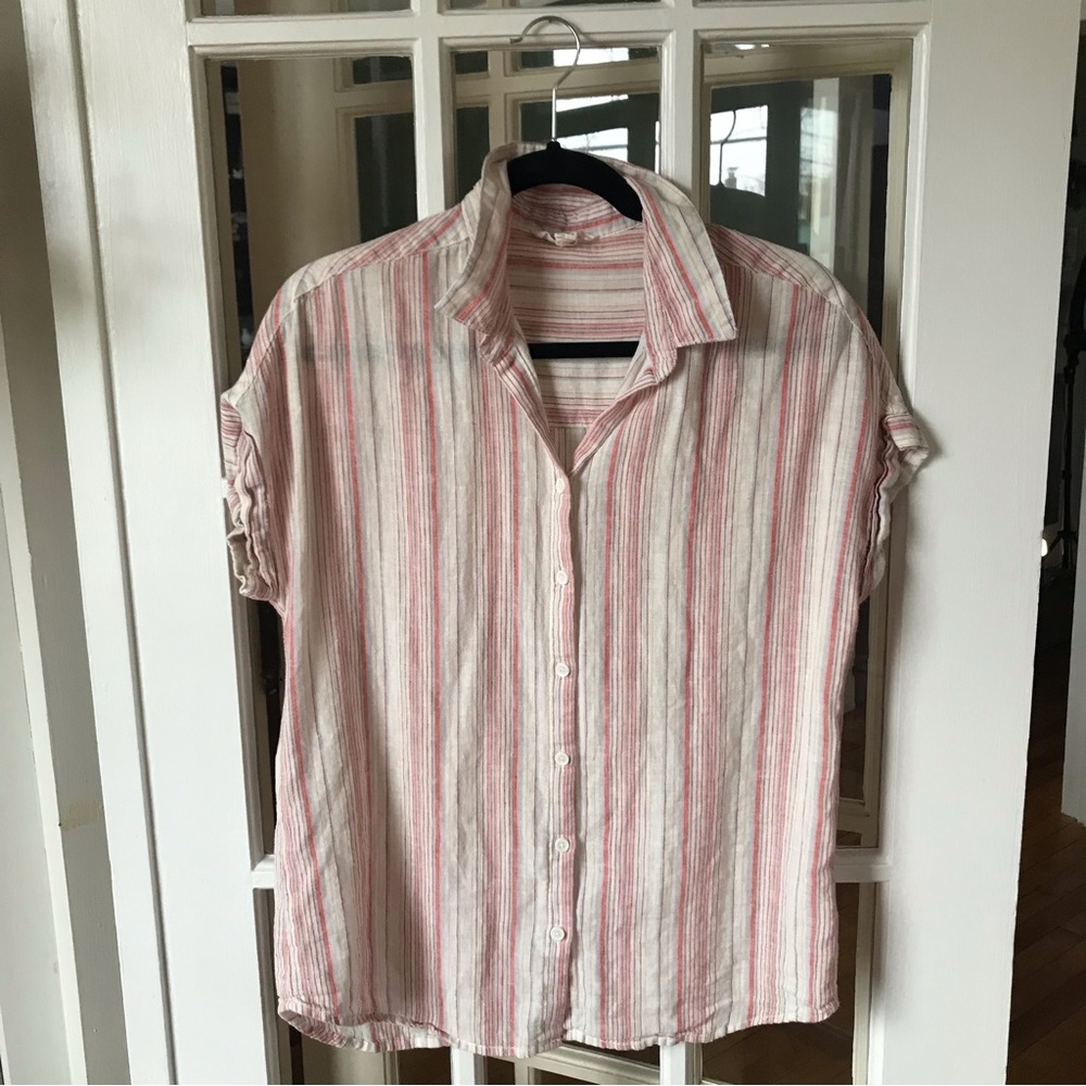 BeachLunchLounge Linen Pink Striped Cap Sleeve Button Down Blouse Shirt Small